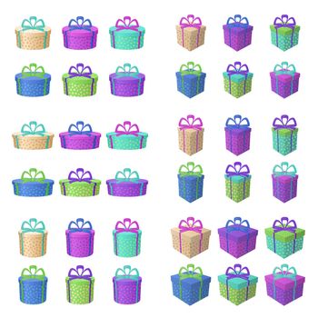 Set multi coloured gift boxes with a patterns and bows, isolated on white background.
