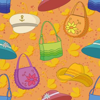 Seamless background of summer beach accessories: handbags, hats and butterflies.