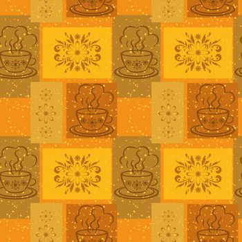 Seamless background, cups with a hot drink and rectangles with floral pattern.