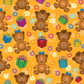 Seamless holiday cartoon background: teddy bears, gift boxes and flowers.