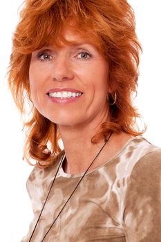 happy adult woman with red hair perfect teeth and big smile isolated on white background