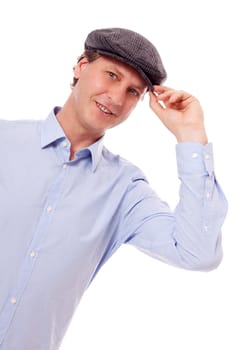 man in casual business outfit and hat isolated on white background