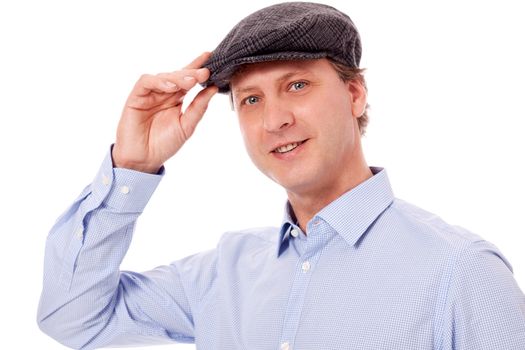 man in casual business outfit and hat isolated on white background