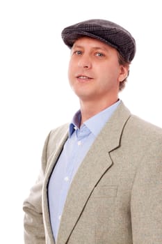 man in casual business outfit and hat isolated on white background
