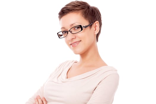 young attractive smiling woman with glasses portrait isolated on white backround