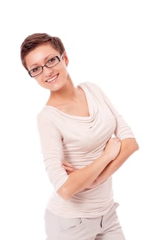 young attractive smiling woman with glasses portrait isolated on white backround