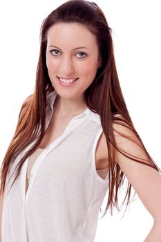 brunette woman in casual outfit is smiling portrait isolated on white background