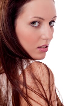 brunette woman in casual outfit is smiling portrait isolated on white background