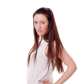 brunette woman in casual outfit is smiling portrait isolated on white background