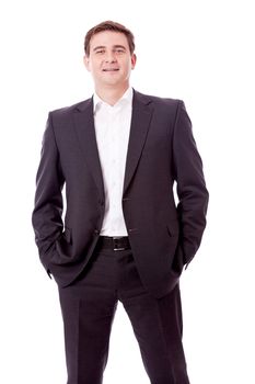 adult smiling business man with black suit isolated on white background