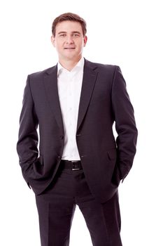 adult smiling business man with black suit isolated on white background