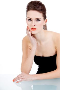 perfect beauty woman face with orange lips isolated on white background