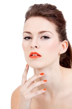 perfect beauty woman face with orange lips isolated on white background