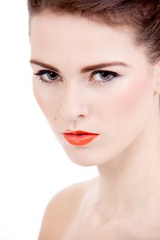 perfect beauty woman face with orange lips isolated on white background