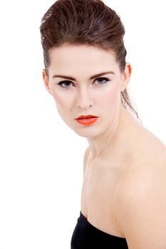 perfect beauty woman face with orange lips isolated on white background