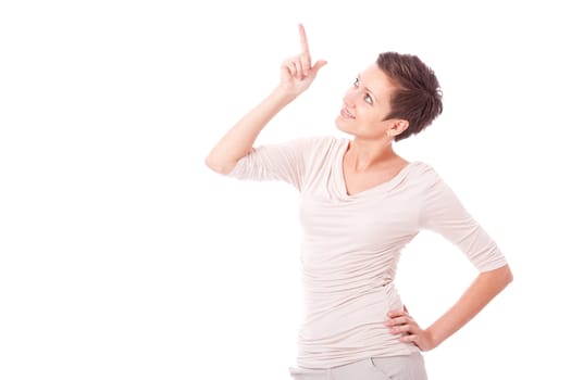 brunette woman in casual outfit is smiling portrait isolated on white background