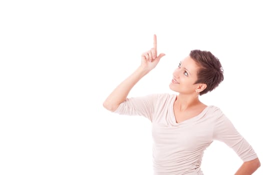 brunette woman in casual outfit is smiling portrait isolated on white background