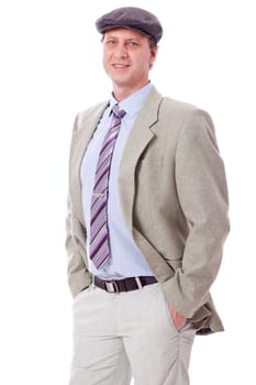 man in casual business outfit and hat isolated on white background