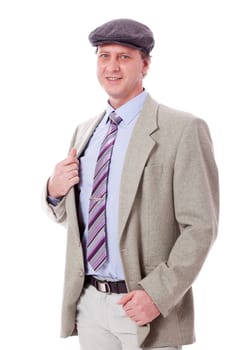 man in casual business outfit and hat isolated on white background