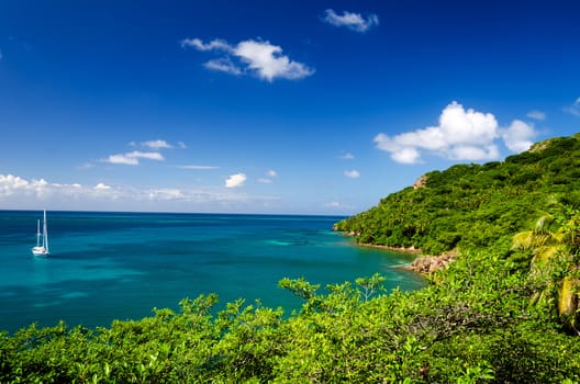 View of secluded bay next to lush green island with a yacht