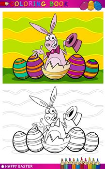 Coloring Book or Page Cartoon Illustration of Easter Bunny with Hat hatched from egg and Painted Eggs