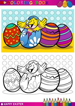 Coloring Book or Page Cartoon Illustration of Easter Little Chick or Chicken hatched from Egg and Painted Easter Eggs