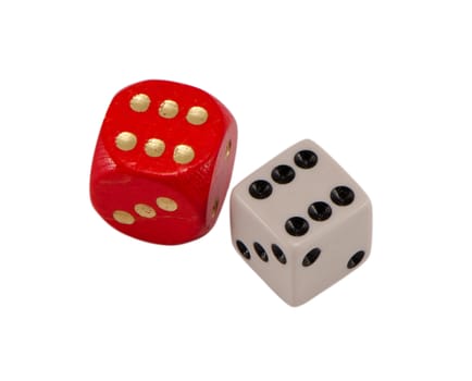 red and white gamble dices isolated on white background. six gold and black dots.
