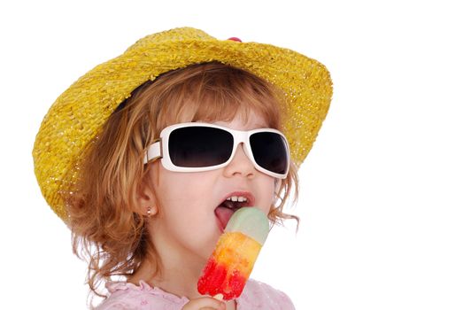 Little girl with hat sunglasses and ice cream studio shot