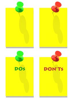 Blank and DOs and DON'Ts memo papers attached with green and red pins.