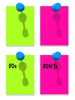 Blank and DOs and DON'Ts memo papers attached with green and pink pins.