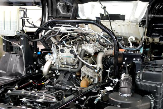 Open heavy truck cabin with power engine