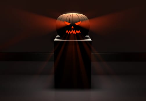 Halloween pumpkin on a cube in hall with red light through eyes, nose and mouth