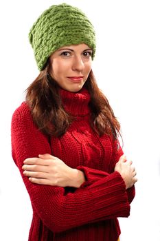 Attractive young caucasian woman in red sweater on white background