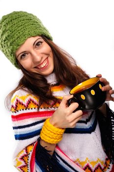 Attractive young caucasian woman in red sweater on white background