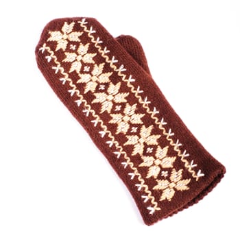 Brown woolen knitted mittens on white background