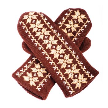 Brown woolen knitted mittens on white background