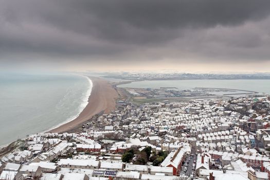 Portland dorset and chesil beach covered in snow in winter