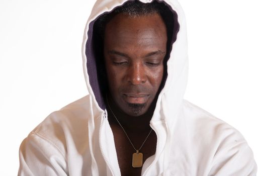 African American portrait in sweat siut with hood