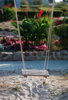 Wooden rope swing above the sand against the flowerbed at the morning