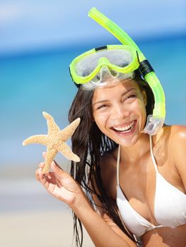 Summer beach vacation holidays woman wearing snorkeling mask showing star happy joyful and laughing. Summer travel getaway concept with multiracial Asian Chinese / Caucasian woman in bikini in the sun.