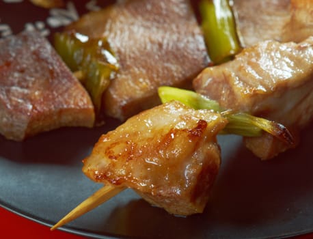Japanese skewered chicken,pork,meatYakitori  .closeup