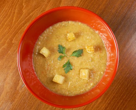 gazpacho with garlic croutons .closeup