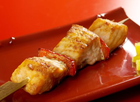 Japanese skewered salmon Yakitori  .closeup
