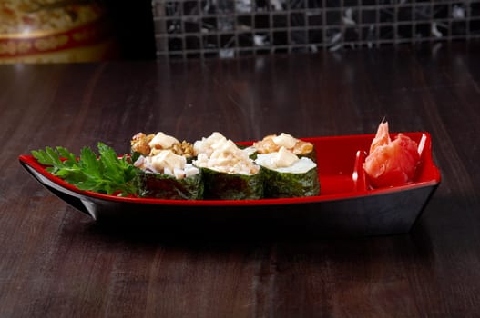 Japanese sushi  traditional japanese food.Roll made of Smoked fish