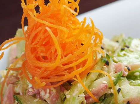 Japan salad with smoked chicken and vegetables   closeup