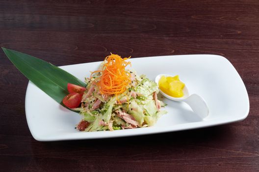 Japan salad with smoked chicken and vegetables   closeup