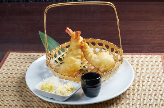 Japanese fried tempura with shrimp  in braided basket