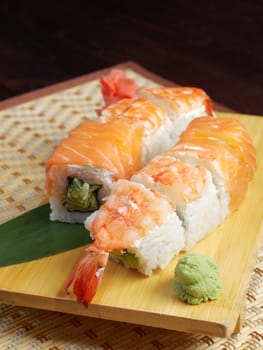 Japanese sushi . traditional japanese food.Roll made of salmon and prawn