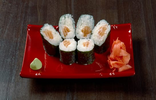 Japanese sushi  traditional japanese food.Roll made of salmon