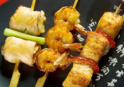 Japanese skewered  seafoods ,Yakitori  .closeup